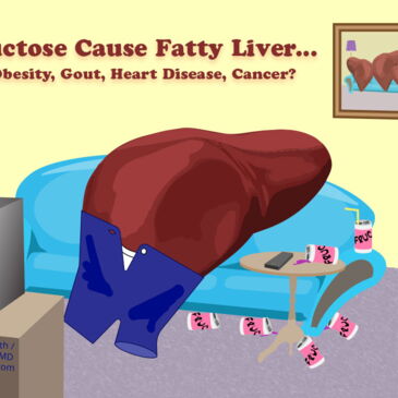 fatty liver on couch watching tv surrounded by empty fructose cans