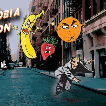 man being chased by angry fruit
